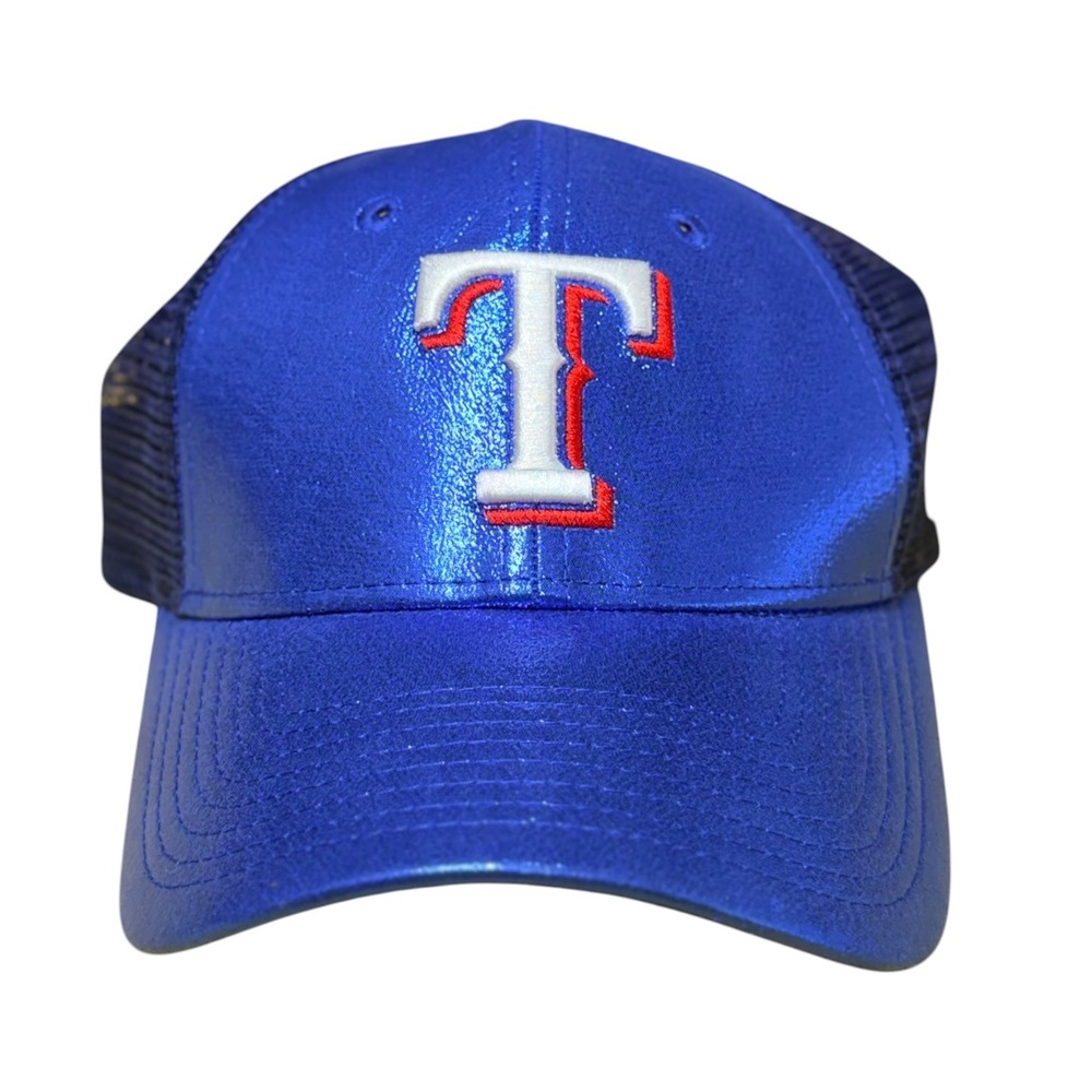 New Era 9FORTY Texas Rangers Hat Metallic Blue Mesh Trucker Snapback MLB Women